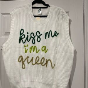 White Sweater with Green and Gold Text